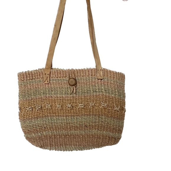 Woven Sisal String Shoulder Bag  with Leather Straps Beige Orange Button Closure - Picture 4 of 8